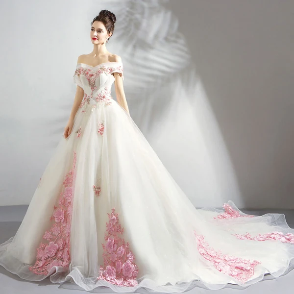 Chic / Beautiful White Wedding Dresses 2018 Ball Gown Appliques Lace Embroidered Pearl Off-The-Shoulder Backless Sleeveless Chapel Train Wedding
