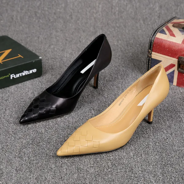 Modest / Simple Black Office OL Braid Pumps 2021 Leather 6 cm Stiletto Heels Pointed Toe Pumps