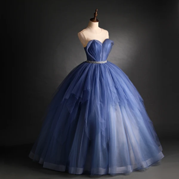 Elegant Ocean Blue Prom Dresses 2021 Ball Gown Scoop Neck Beading Sequins Sash Sleeveless Backless Floor-Length / Long Prom Formal Dresses