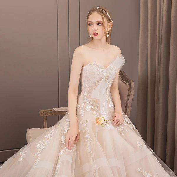 Modern / Fashion Champagne Wedding Dresses 2018 A-Line / Princess Appliques Lace Flower Pearl Sequins Bow Strapless Backless Sleeveless Cathedral Train Wedding