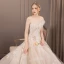 Modern / Fashion Champagne Wedding Dresses 2018 A-Line / Princess Appliques Lace Flower Pearl Sequins Bow Strapless Backless Sleeveless Cathedral Train Wedding