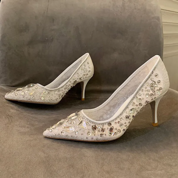 Sparkly Charming White Lace Rhinestone Wedding Shoes 2021 Tulle 7 cm Stiletto Heels Pointed Toe Wedding Pumps