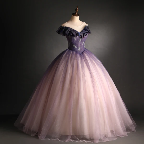 Elegant Gradient-Color Purple Glitter Prom Dresses 2021 Ball Gown Scoop Neck Beading Sequins Short Sleeve Backless Floor-Length / Long Prom Formal Dresses
