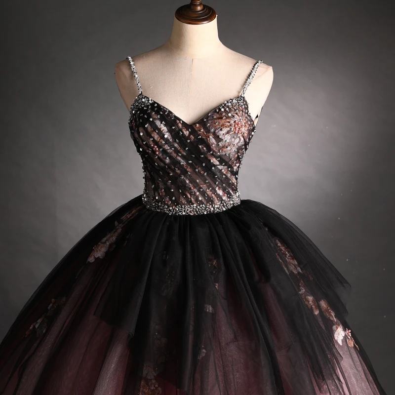Elegant Black Red Prom Dresses 2021 Ball Gown Spaghetti Straps Beading Pearl Sequins