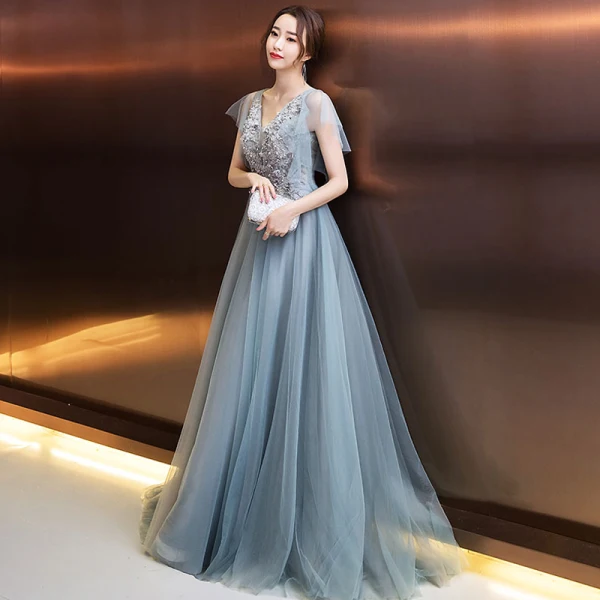 Elegant Evening Dresses 2018 A-Line / Princess Appliques Beading Crystal Pearl V-Neck Backless Short Sleeve Floor-Length / Long