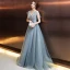 Elegant Evening Dresses  2018 A-Line / Princess Appliques Beading Crystal Pearl V-Neck Backless Short Sleeve Floor-Length / Long