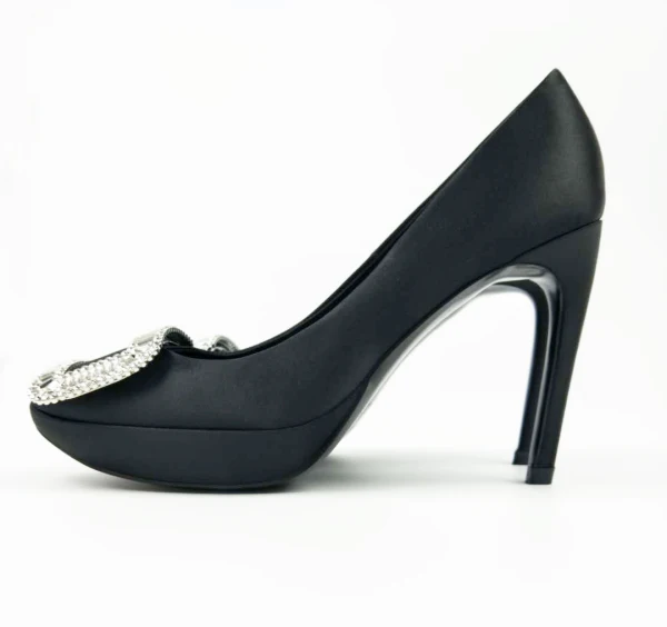 Edles Schwarz Strass Schnalle Ball Pumps 2021 Satin Wasserdichte 12 cm Stilettos Spitzschuh Pumps