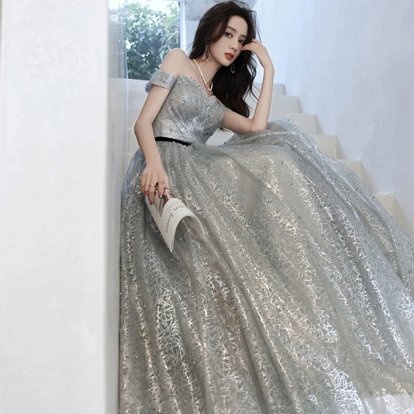 Sparkly Silver Glitter Sequins Prom Dresses 2021 A-Line / Princess Off-The-Shoulder Beading Pearl Sleeveless Backless Floor-Length / Long Prom Formal Dresses