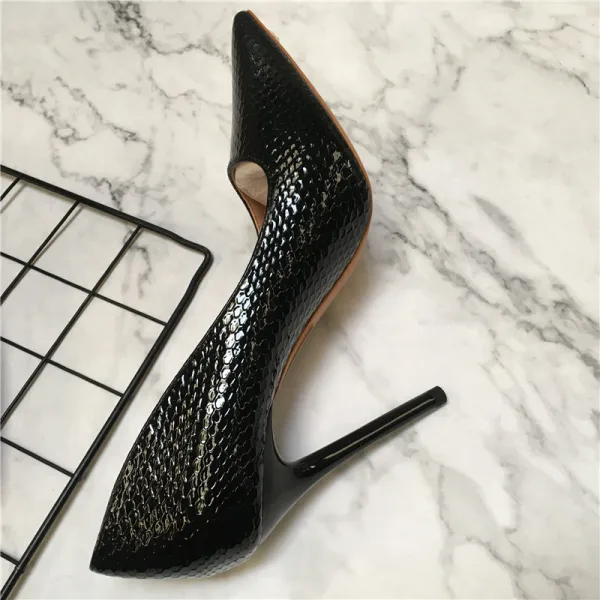 Schöne Schwarz Strassenmode Schlangenhautmuster Pumps 2021 10 cm Stilettos Spitzschuh Pumps