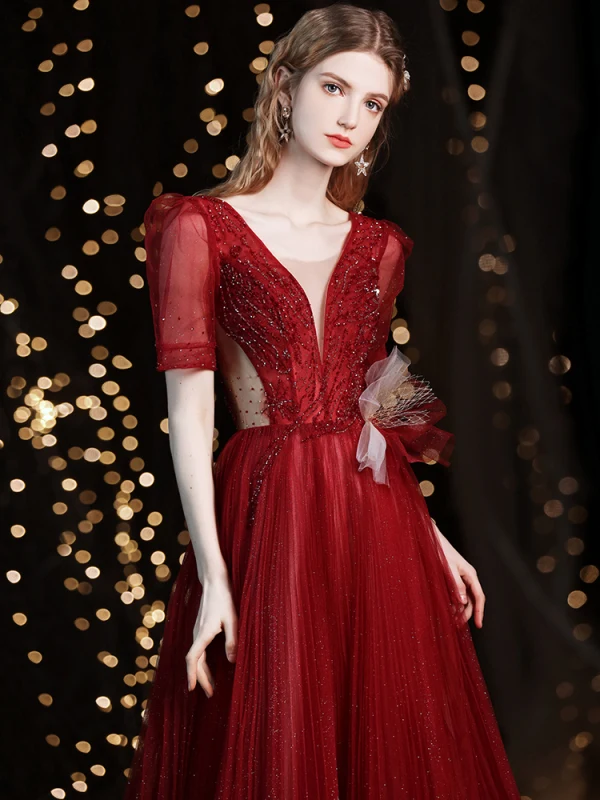 Chic / Beautiful Burgundy Glitter Prom Dresses 2021 A-Line / Princess V-Neck Beading Rhinestone Sequins Short Sleeve Backless Floor-Length / Long Formal Dresses