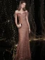 Scintillantes Or Rose Glitter Robe De Soirée 2021 Trompette / Sirène De l'épaule Paillettes Manches Courtes Dos Nu Longue Soirée Robe De Ceremonie
