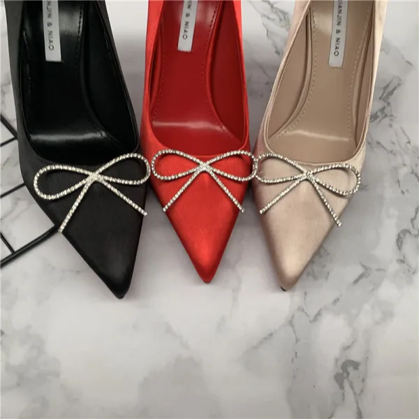 Elegante Schwarz Ball Strass Schleife Pumps 2021 8 cm Stilettos Spitzschuh Pumps