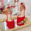 Chinese style Red Lace Flower Pearl Wedding Shoes 2021 Ankle Strap 9 cm Stiletto Heels Pointed Toe Wedding Sandals