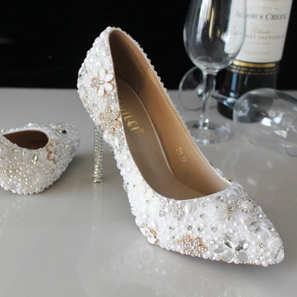 Fabuleux Ivoire Cristal Chaussure De Mariée 2021 Perle Faux Diamant 10 cm Talons Aiguilles Talons Hauts À Bout Pointu Mariage Escarpins