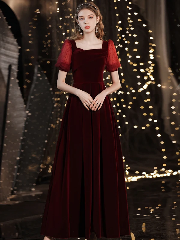 Modest / Simple Burgundy Suede Evening Dresses  2021 A-Line / Princess Square Neckline Short Sleeve Backless Floor-Length / Long Evening Party Formal Dresses