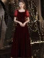 Modest / Simple Burgundy Suede Evening Dresses  2021 A-Line / Princess Square Neckline Short Sleeve Backless Floor-Length / Long Evening Party Formal Dresses