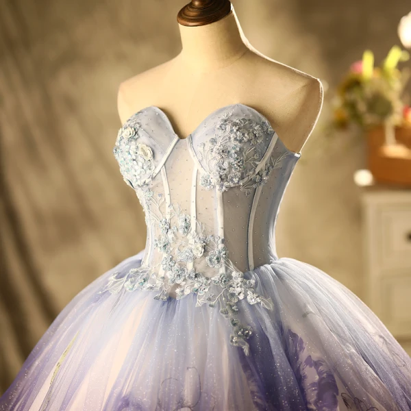 Chic / Beautiful Flower Fairy Purple Glitter Prom Dresses 2021 Ball Gown Strapless Beading Lace Flower Sleeveless Backless Floor-Length / Long Prom