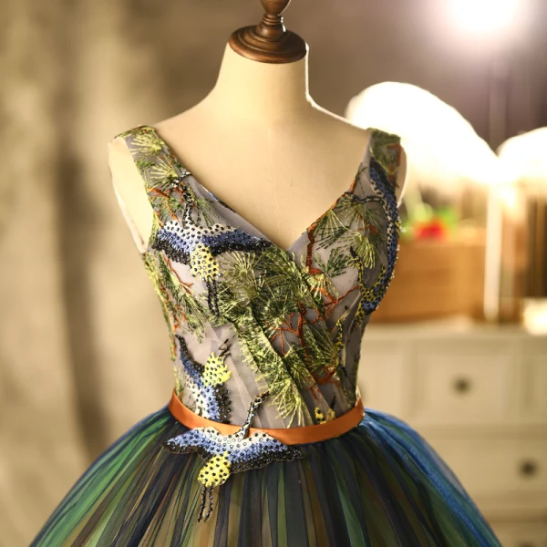 Vintage / Retro Multi-Colors Prom Dresses 2021 Ball Gown V-Neck Appliques Rhinestone Sash Sleeveless Backless Floor-Length / Long Formal Dresses