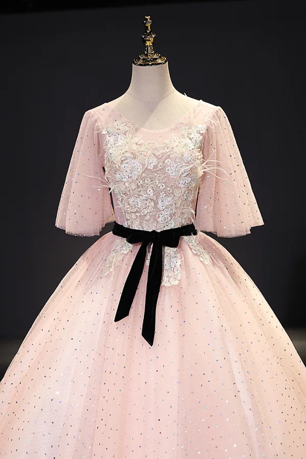 Chic / Beautiful Blushing Pink Prom Dresses 2021 Ball Gown V-Neck Rhinestone Lace Flower Sash Short Sleeve Backless Floor-Length / Long Prom Formal Dresses