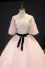 Chic / Beautiful Blushing Pink Prom Dresses 2021 Ball Gown V-Neck Rhinestone Lace Flower Sash Short Sleeve Backless Floor-Length / Long Prom Formal Dresses