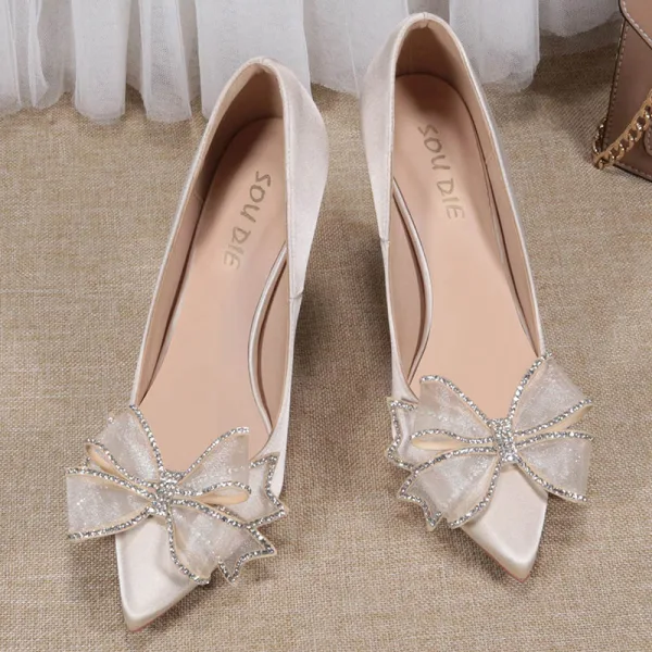 Élégant Champagne Satin Soirée Noeud Faux Diamant Escarpins 2021 10 cm Talons Aiguilles Talons Hauts À Bout Pointu Escarpins