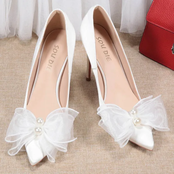Elegant White Evening Party Satin Pearl Bow Pumps 2021 10 cm Stiletto Heels High Heels Pointed Toe Pumps