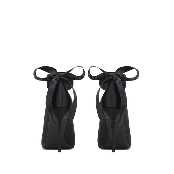 Élégant Noire Promo Satin Escarpins 2021 Bride Cheville Noeud 10 cm Talons Aiguilles Talons Hauts À Bout Pointu Escarpins