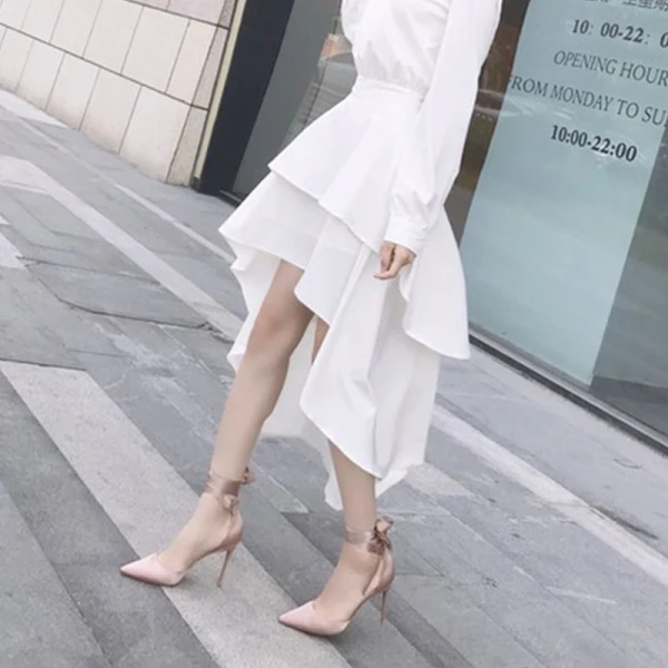 Sexy Champagne Soirée Satin Sandales Femme 2021 Bride Cheville Noeud 10 cm Talons Aiguilles Talons Hauts À Bout Pointu Sandales