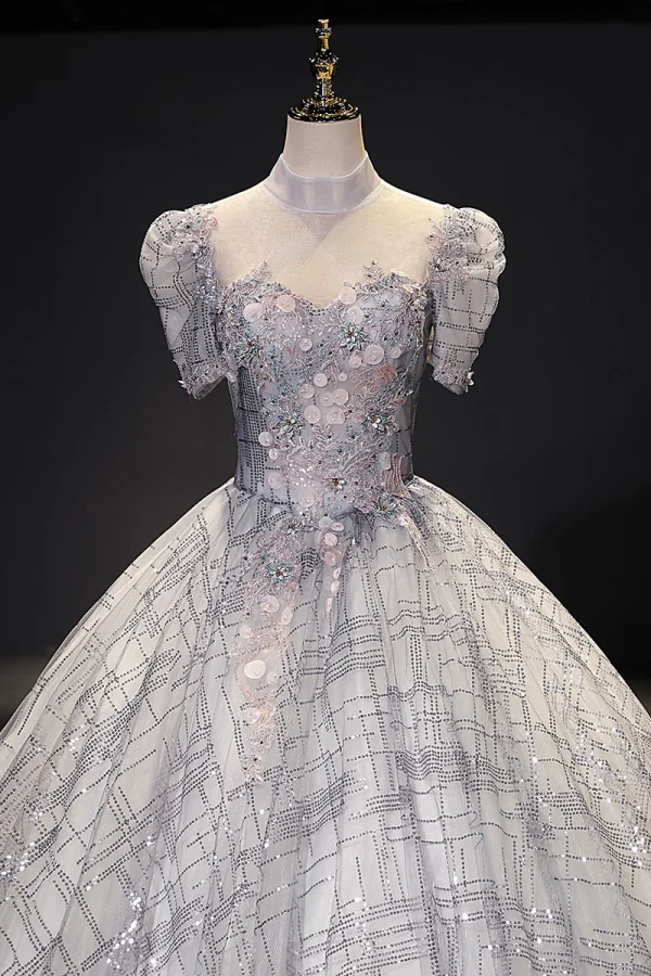 Charming Silver Prom Dresses 2021 Ball Gown High Neck Beading Pearl Sequins Lace Flower Short Sleeve Backless Floor-Length / Long Prom Formal Dresses