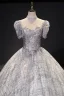 Charming Silver Prom Dresses 2021 Ball Gown High Neck Beading Pearl Sequins Lace Flower Short Sleeve Backless Floor-Length / Long Prom Formal Dresses