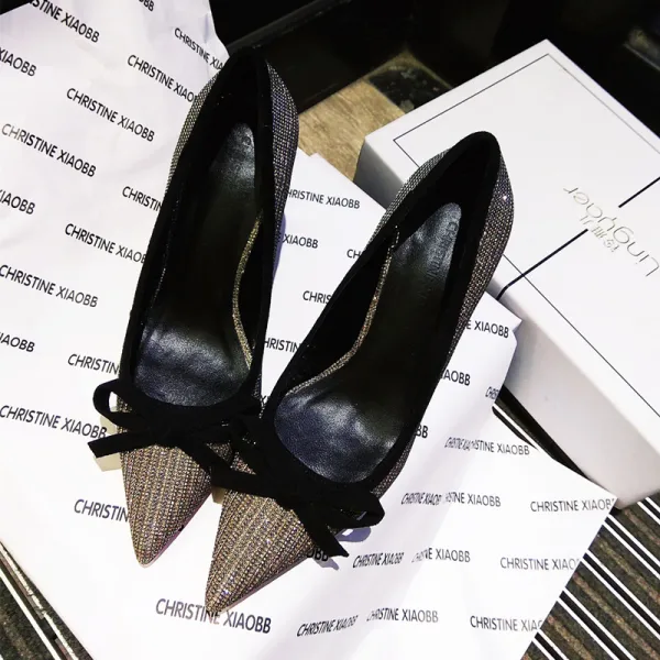 Scintillantes Noire Soirée Faux Diamant Escarpins 2021 Noeud 9 cm Talons Aiguilles À Bout Pointu Talons Hauts