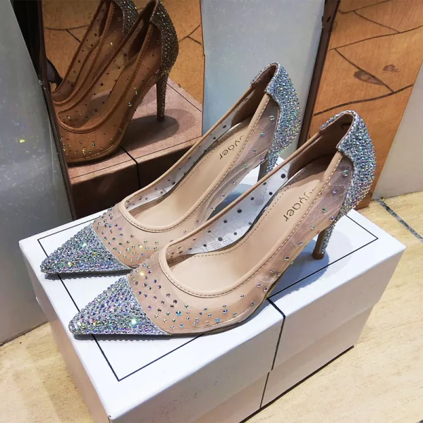 Glittrande Aprikos / Beige Afton Rhinestone Pumps 2021 Tyll 9 cm Stilettklackar Högklackade Spetsiga Pumps