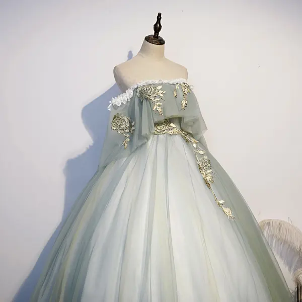 Chic / Beautiful Sage Green Prom Dresses 2021 Ball Gown Off-The-Shoulder Rhinestone Lace Flower Short Sleeve Backless Floor-Length / Long Formal Dresses