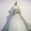 Chic / Beautiful Sage Green Prom Dresses 2021 Ball Gown Off-The-Shoulder Rhinestone Lace Flower Short Sleeve Backless Floor-Length / Long Formal Dresses