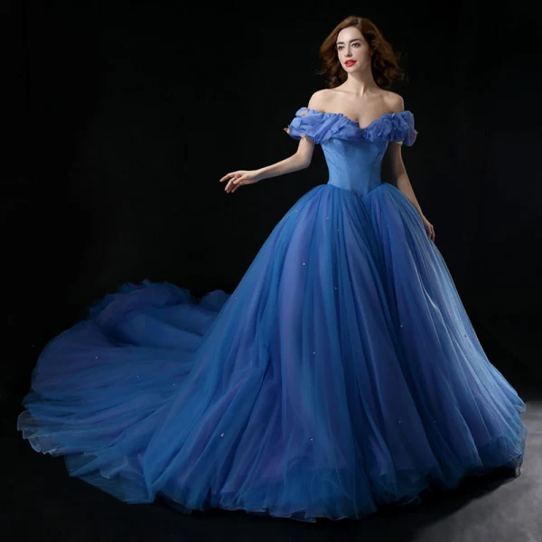 Cinderella Ocean Blue Prom Dresses 2018 Ball Gown Charmeuse Butterfly Off-The-Shoulder Backless Sleeveless Cathedral Train Formal Dresses