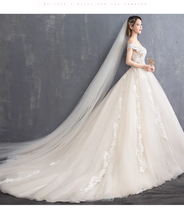 Elegant Champagne Wedding Dresses 2018 Ball Gown Appliques Lace Off-The-Shoulder Backless Sleeveless Chapel Train Wedding