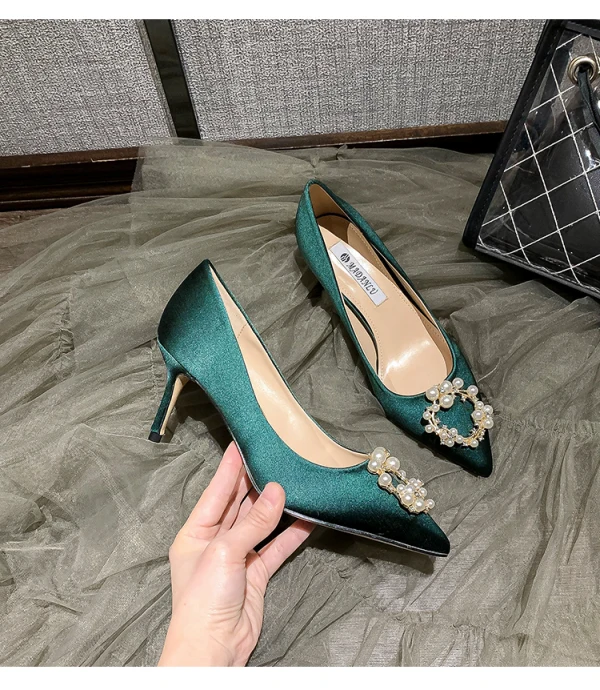 Modern / Fashion Dark Green Satin Pearl Rhinestone Pumps 2021 7 cm Stiletto Heels Pointed Toe Prom Pumps High Heels