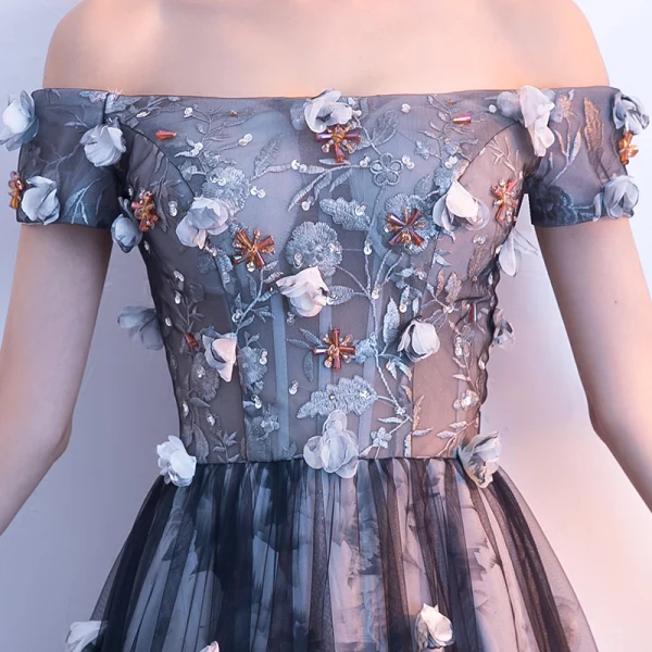 Chic / Beautiful Black Evening Dresses 2018 A-Line / Princess Appliques Lace Flower Crystal Sequins Off-The-Shoulder Sleeveless Backless Floor-Length / Long Formal Dresses