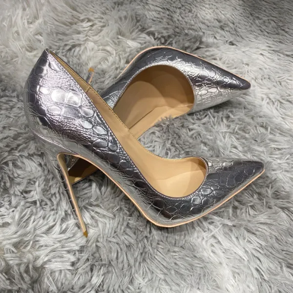 Fine Sølv Aften Pumps 2021 12 cm Stiletthæler Høyhælte Spisse Pumps