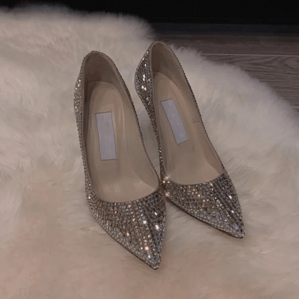 Glittrande Champagne Afton Rhinestone Pumps 2021 Läder 10 cm Stilettklackar Högklackade Spetsiga Pumps