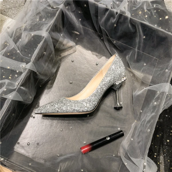 Charming Silver Evening Party Sequins Pumps 2021 Leather 8 cm Rhinestone Stiletto Heels High Heels Pointed Toe Pumps
