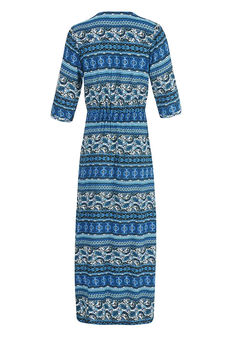 Bohemia Summer Ink Blue Casual Maxi Dresses 2018 Covered Button Split Front  V Neck 1 2 Sleeves Floor Length Long Women S Clothing