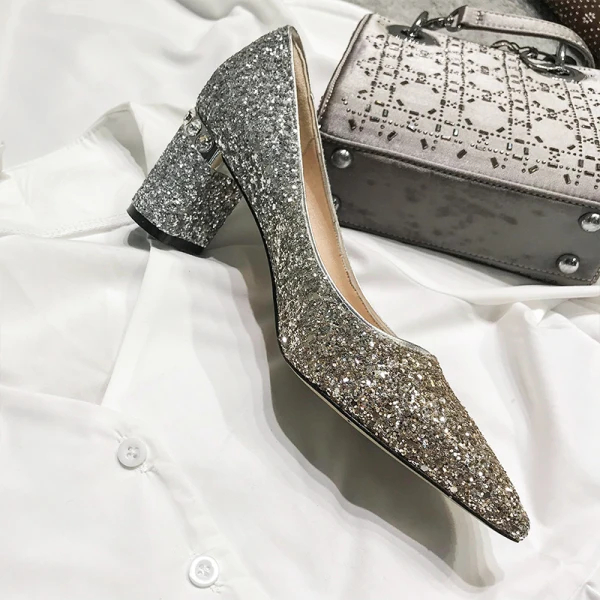 Glittrande Sexig Silver Afton Paljetter Pumps 2021 Läder 6 cm Rhinestone Tjocka Klackar Högklackade Spetsiga Pumps