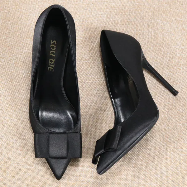 Chic / Beautiful Black Office OL Satin Pumps 2021 Bow 10 cm Stiletto Heels Pointed Toe High Heels