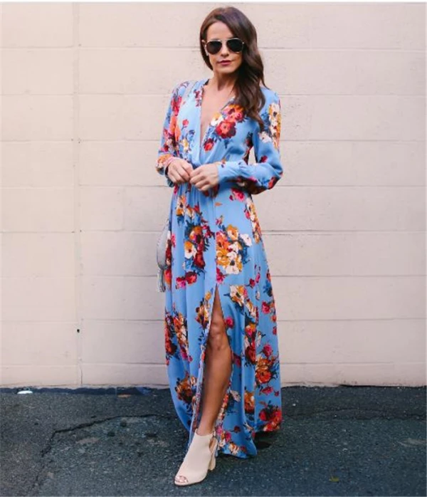 Bohemia Black Casual Maxi Dresses 2018 A-Line / Princess Split Front Printing Sash V-Neck Long Sleeve Floor-Length / Long Womens Clothing