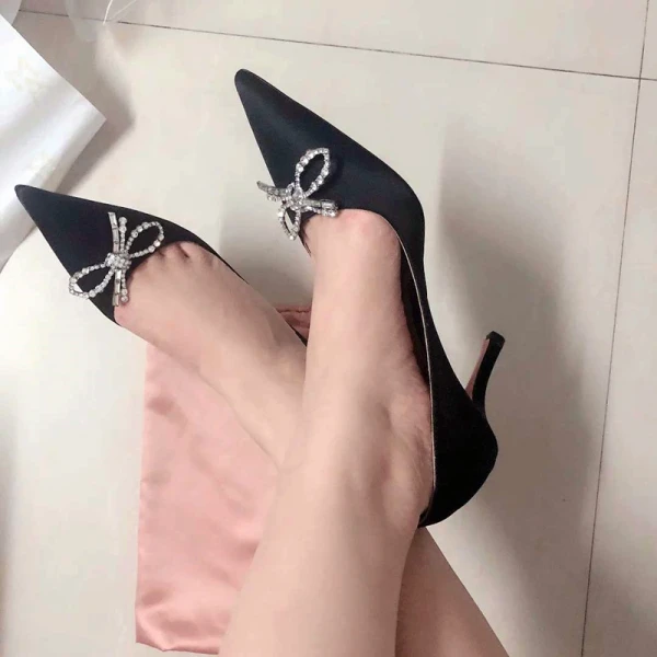 Charming Black Silk Satin Evening Party Pumps 2021 Bow Rhinestone High Heels 10 cm Stiletto Heels Pointed Toe Pumps
