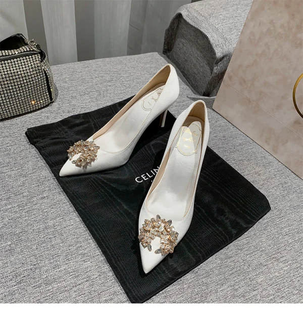 Elegant Ivory Satin Rhinestone Wedding Shoes 2021 8 cm Stiletto Heels High Heels Pointed Toe Wedding Pumps