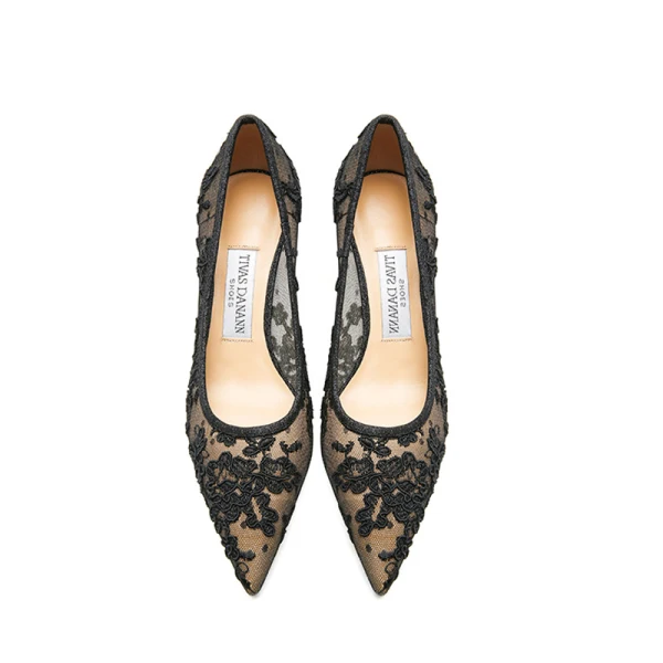 Sexy Black Evening Party See-through Lace Flower Pumps 2021 8 cm Stiletto Heels High Heels Pointed Toe Pumps
