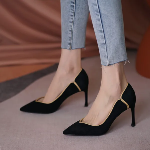 Schöne Schwarz Ball Wildleder Pumps 2021 Leder 6 cm Stilettos Spitzschuh Hochhackige