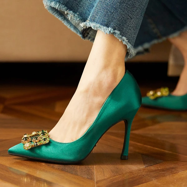 Elegant Dark Green Prom Satin Rhinestone Pumps 2021 10 cm Stiletto Heels Pointed Toe High Heels